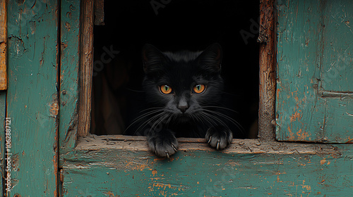 Black cat peeking through a rustic wooden frame, vivid orange eyes glowing in contrast to dark surroundings photo