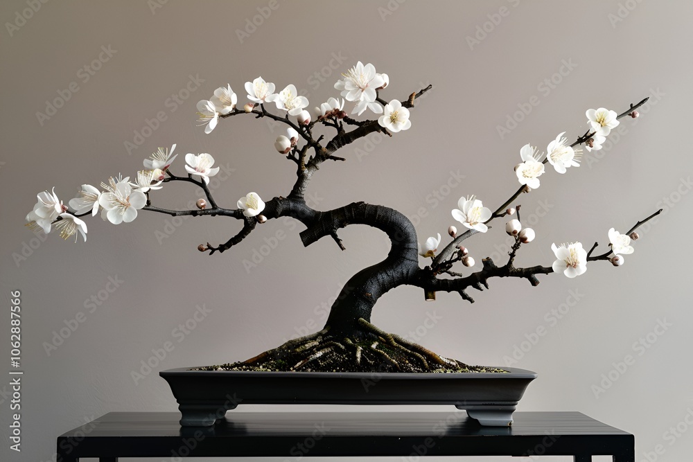 A serene flowering plum bonsai tree with delicate white blossoms, displayed on a sleek black stand. The contrast between the flowers and the dark branches is beautifully captured A serene flowering plum bonsai tree with delicate white blossoms, displayed on a sleek black stand. The contrast between the flowers and the dark branches is beautifully captured