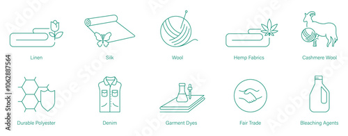 Linen, Silk, Wool, Hemp Fabric, Cashmere Wool, Durable Polyester, Denim, Garment Dyes, Fair Trade, Bleaching Agents Icon Set