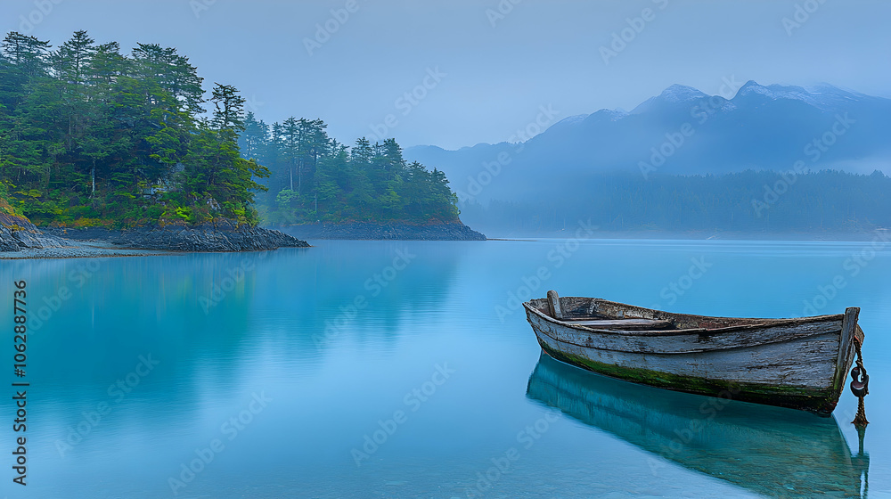 A wooden boat sits alone on a calm, blue lake with a mountain range in the background. A wooden boat sits alone on a calm, blue lake with a mountain range in the background.