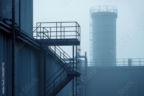 Industrial structure, misty atmosphere, intricate metal staircases, blue-toned lighting.