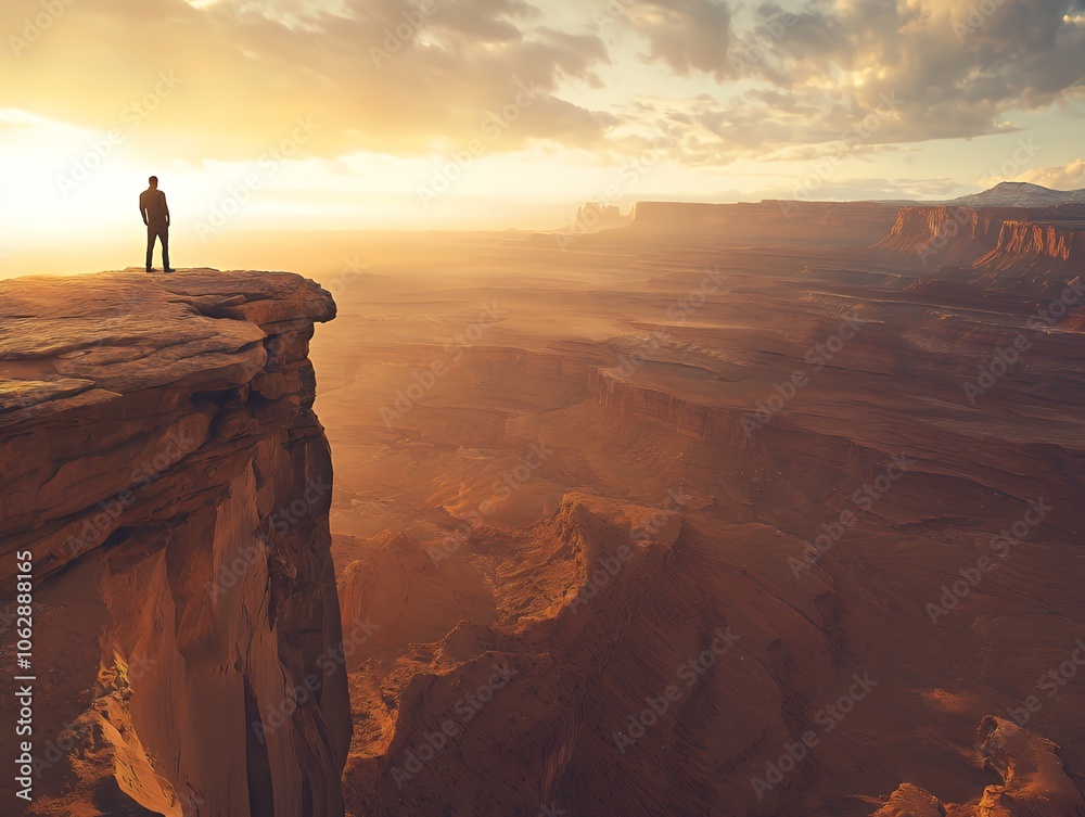 Fototapeta premium A lone man stands on a cliff overlooking a vast desert landscape at sunrise.