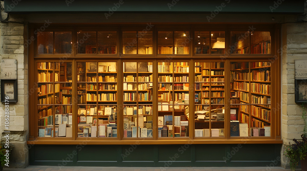Bookshop storefront window with shelves full of books. Bookshop storefront window with shelves full of books.
