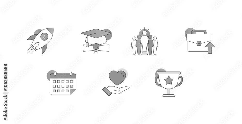 Career Growth and Motivation. Icons Included: Briefcase with Arrow Up, Graduation Cap with Diploma, Trophy with Star, Rocket with Dollar Symbol, Calendar with Event Marked