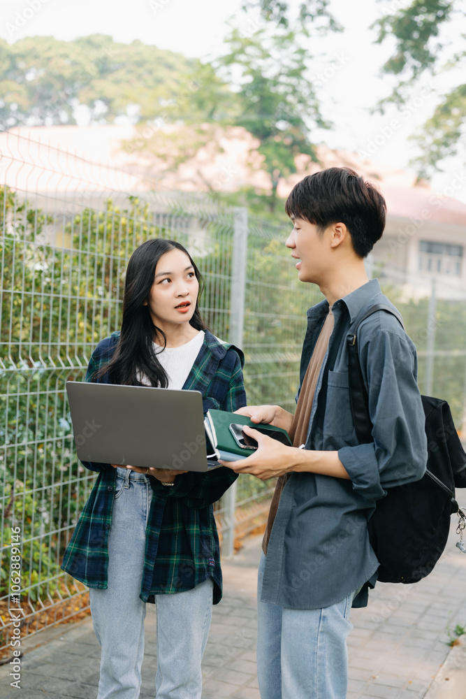 Young college students is reading a book while relaxing sitting on grass in a campus park with her friends. Education concept in morning Young college students is reading a book while relaxing sitting on grass in a campus park with her friends. Education concept in morning