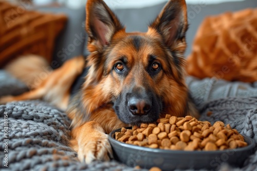 Close up of a german shepherd enjoying dry food from a bowl in the living room setting photo