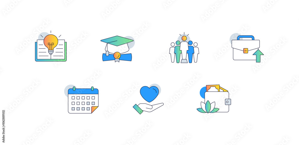 Personal Growth and Self-Improvement. Icons Included: Open Book with Lightbulb, Hand with Heart, Graduation Cap with Diploma, Briefcase with Arrow Up, Trophy with Star Personal Growth and Self-Improvement. Icons Included: Open Book with Lightbulb, Hand with Heart, Graduation Cap with Diploma, Briefcase with Arrow Up, Trophy with Star