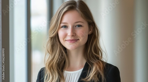 Woman with long blonde hair is smiling for the camera