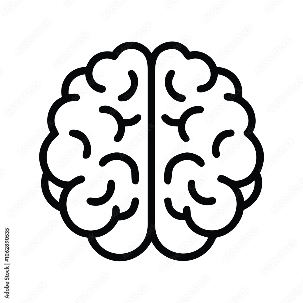 Simple brain outline icon in black and white, Black and white outline icon of a brain, symbolizing intelligence, thinking, and creativity, isolated on a white background. Simple brain outline icon in black and white, Black and white outline icon of a brain, symbolizing intelligence, thinking, and creativity, isolated on a white background.