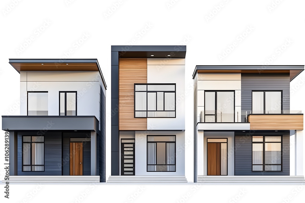 Obraz premium 3d rendering of cute cozy white and black modern Tudor style house with parking and pool for sale or rent with beautiful landscaping. Fairy roofs. In evening Isolated on gray 