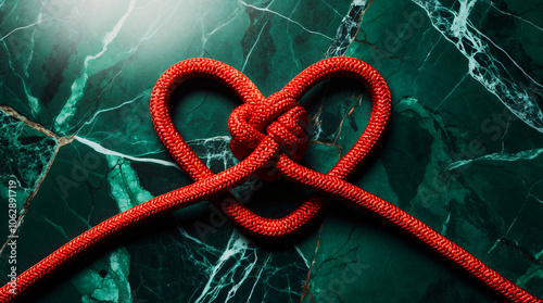 Red Rope Heart Knot on Green Marble Surface photo