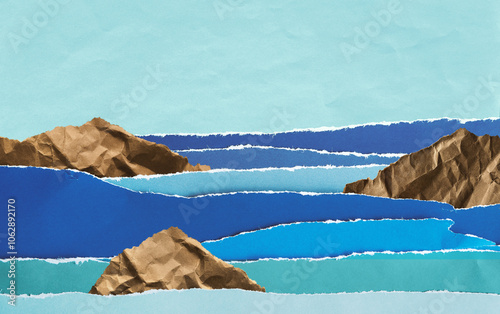 Hand made creative collage seascape from torn colored paper in blue water colors with copy space. Ocean waves with cliffs.