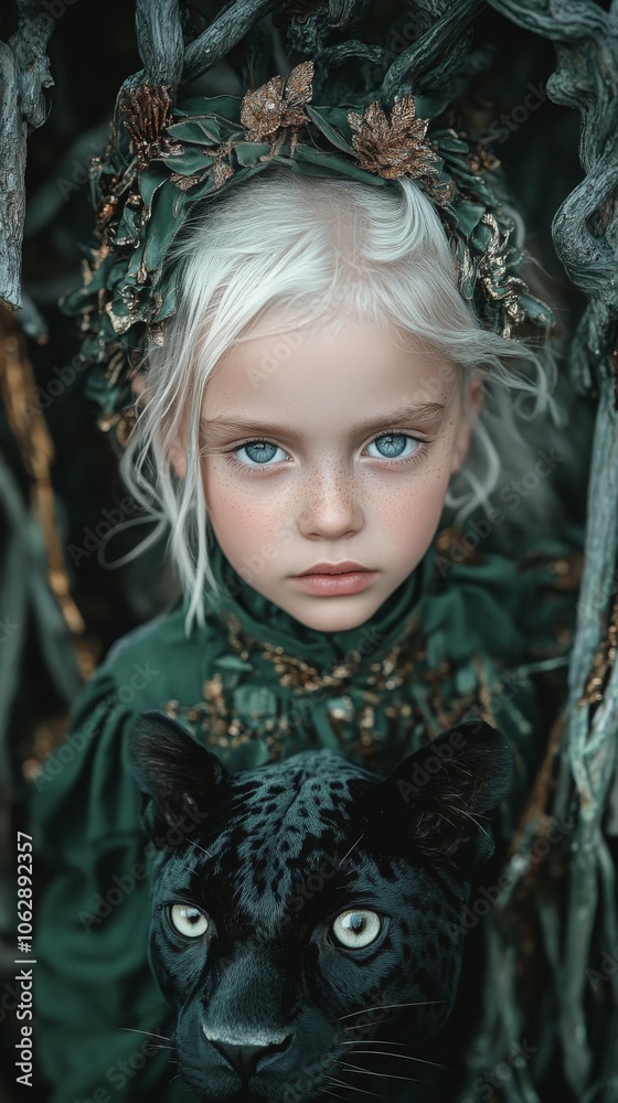 A dreamy young girl in lush green attire stands against a backdrop of gnarly trees, accompanied by a mystical black panther, evoking enchantment and mystery. A dreamy young girl in lush green attire stands against a backdrop of gnarly trees, accompanied by a mystical black panther, evoking enchantment and mystery.
