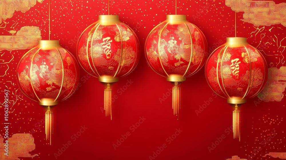 Four decorative red lanterns hanging against a red background, symbolizing celebration and good fortune. Four decorative red lanterns hanging against a red background, symbolizing celebration and good fortune.