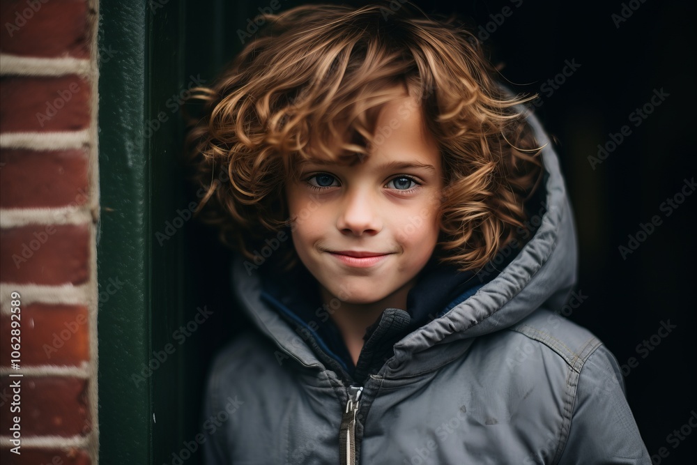 Portrait of a cute little boy with curly hair in a gray jacket. Portrait of a cute little boy with curly hair in a gray jacket.