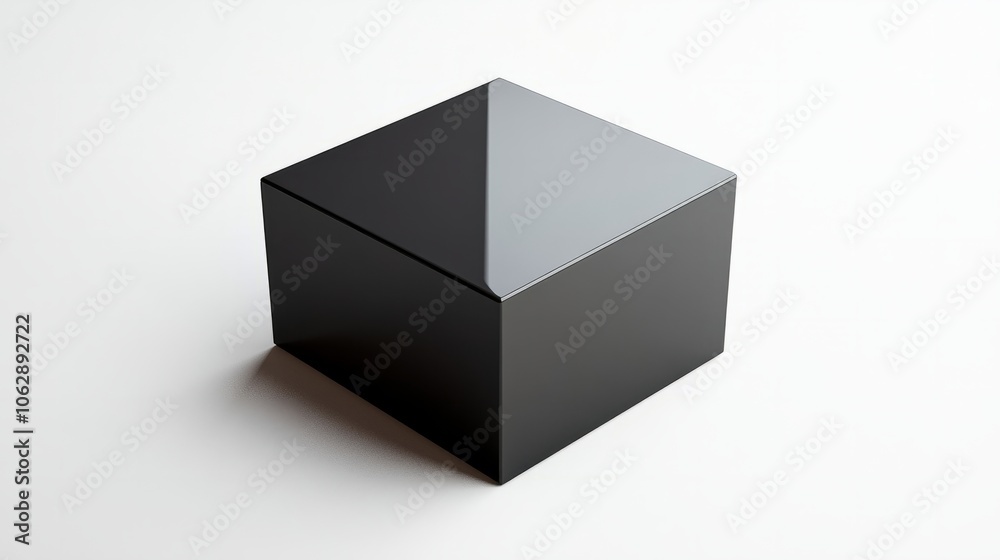 A metallic black box with sharp reflections, placed at an angle on a clean white background A metallic black box with sharp reflections, placed at an angle on a clean white background