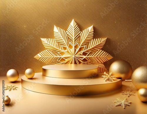 Christmas festive concept with goldendecoration and empty podiums in shape of star displayed on goldbackground photo