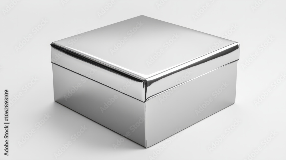 A metallic silver box with sharp edges and reflections of light, displayed on a white background A metallic silver box with sharp edges and reflections of light, displayed on a white background