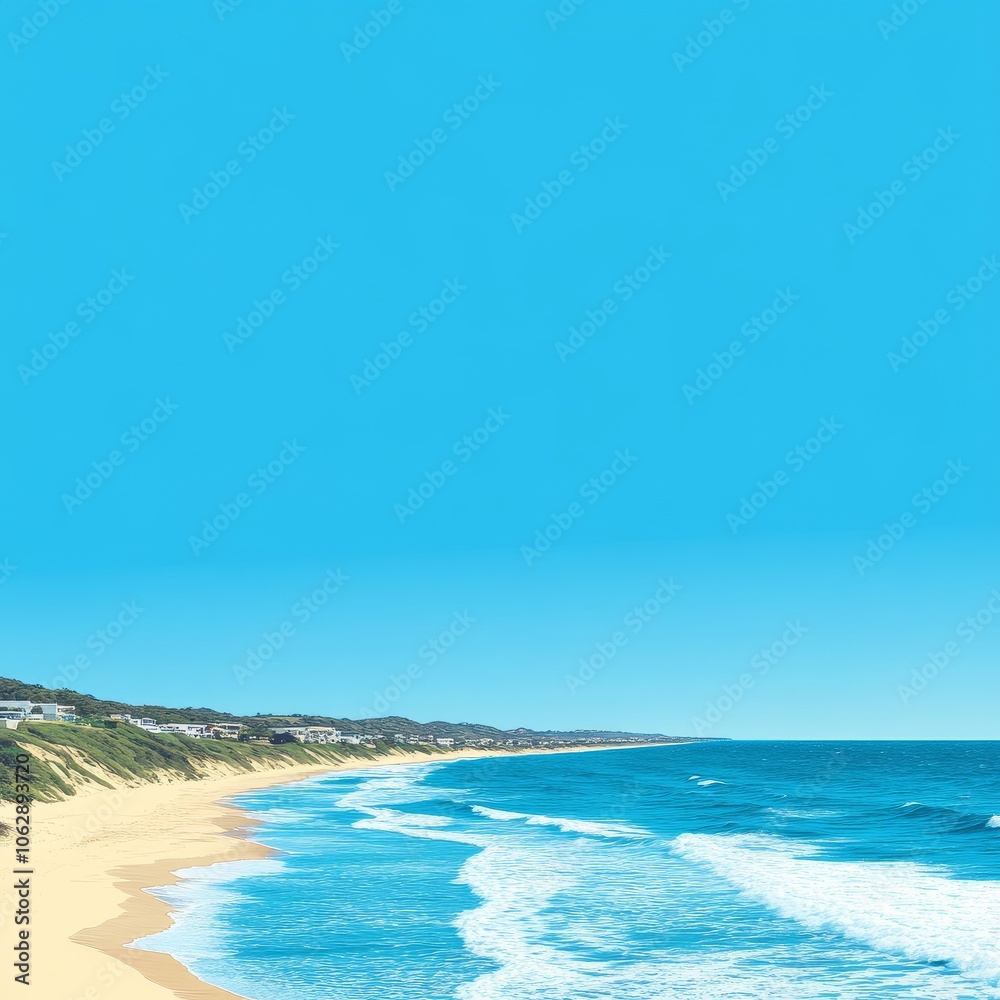 A pristine sandy beach with turquoise waters and a bright blue sky. A pristine sandy beach with turquoise waters and a bright blue sky.