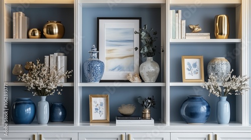 Close-Up Zoom Virtual Background with Beautiful Blue Modern Home Office Wall Shelving: Steady, Composed, Luxurious and Classic Cozy Interior Living Room Backdrop for Virtual Meetings