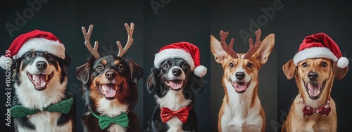 Festive Dogs Wearing Reindeer Antlers and Santa Hat. Five dogs dressed in Christmas accessories including antlers and a Santa hat, showcasing holiday cheer and joy. Perfect for festive, playful photo