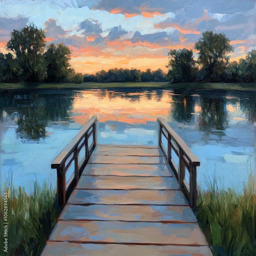Fototapeta premium A wooden dock extends into a serene lake, reflecting the vibrant colors of a sunset sky.