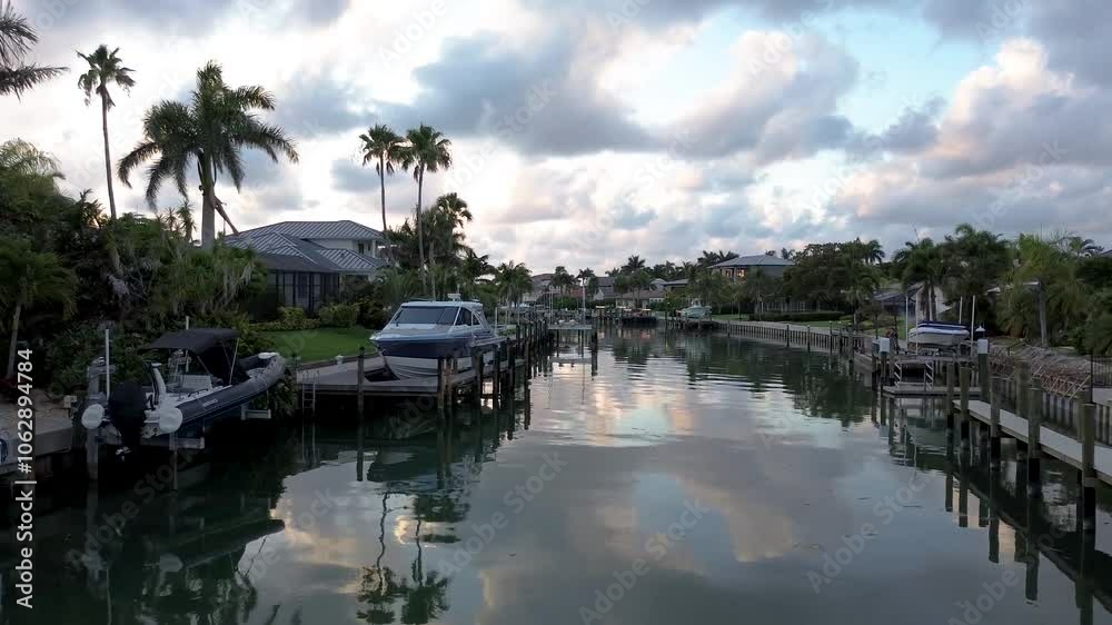 A serene canal scene at dawn, lined with docked boats, palm trees, and luxury waterfront homes. The calm water reflects the soft clouds in the sky, creating a peaceful, tropical ambiance. A serene canal scene at dawn, lined with docked boats, palm trees, and luxury waterfront homes. The calm water reflects the soft clouds in the sky, creating a peaceful, tropical ambiance.