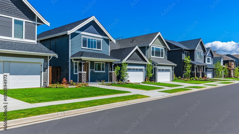A row of modern houses with well-maintained lawns and clear blue skies. A row of modern houses with well-maintained lawns and clear blue skies.