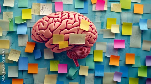 A pink brain model is covered in colorful sticky notes on a blue wall