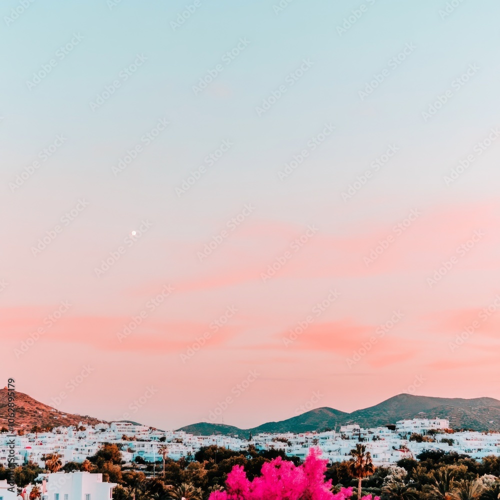 Pink sunset sky over a town with hills in the background, a single flower in the foreground.