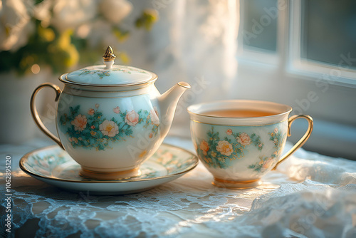 A delicate tea set with floral patterns sits on a lace-covered table, illuminated by soft sunlight through a window.