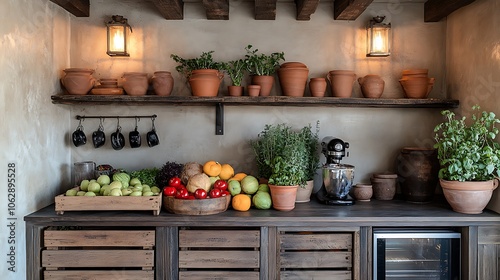 Charming farmhouse kitchen corner with vintage sconce lighting, wooden crates arranged with pottery and fresh produce, neatly stacked clay pots adding a rustic, homey touch. --ar 16:9