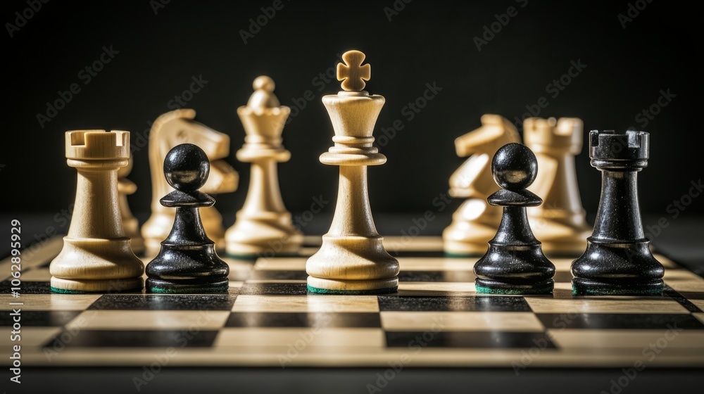 A mid-game chessboard with pieces scattered, capturing a moment of tension between black and white sides A mid-game chessboard with pieces scattered, capturing a moment of tension between black and white sides