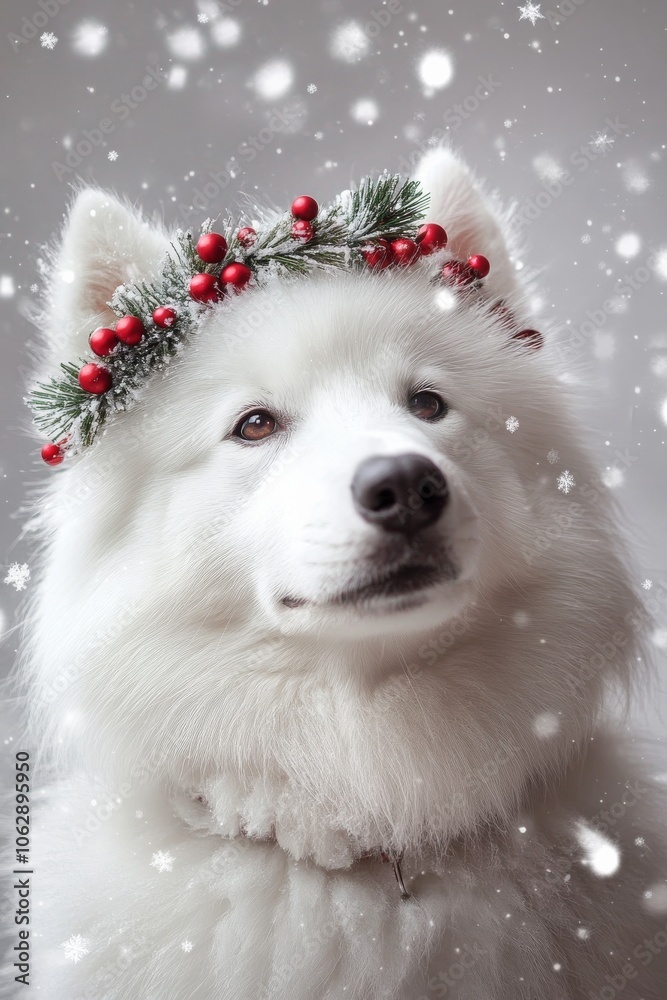 A serene white dog adorned with a crown of festive berries poses gently amidst falling snow, exuding a calm and enchanting winter atmosphere. A serene white dog adorned with a crown of festive berries poses gently amidst falling snow, exuding a calm and enchanting winter atmosphere.