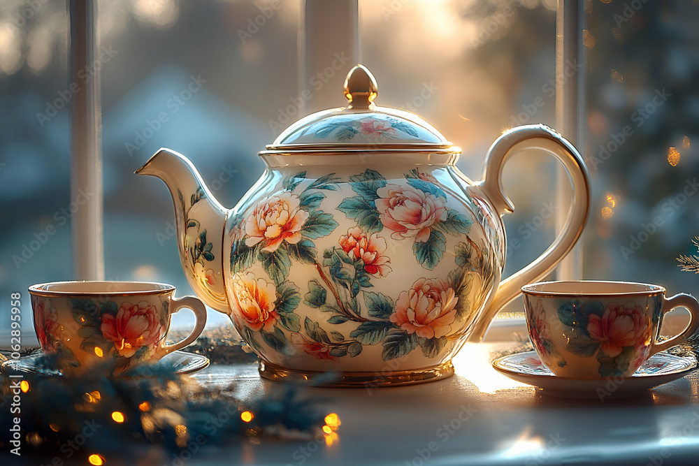 A floral teapot sits between two matching cups, illuminated by soft sunlight, creating a warm and inviting atmosphere for tea time. A floral teapot sits between two matching cups, illuminated by soft sunlight, creating a warm and inviting atmosphere for tea time.
