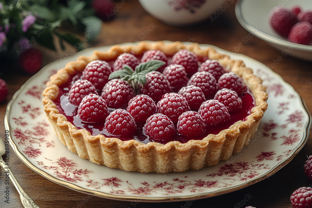 A delicious raspberry tart features plump berries atop a golden crust, elegantly presented on a floral plate, evoking a cozy, inviting atmosphere. A delicious raspberry tart features plump berries atop a golden crust, elegantly presented on a floral plate, evoking a cozy, inviting atmosphere.