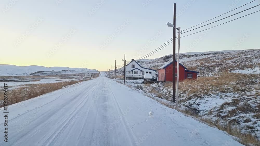 A snow-covered road, straight with Norwegian-style houses and white birds. Norwegian landscape. Winter scenery. A snow-covered road, straight with Norwegian-style houses and white birds. Norwegian landscape. Winter scenery.