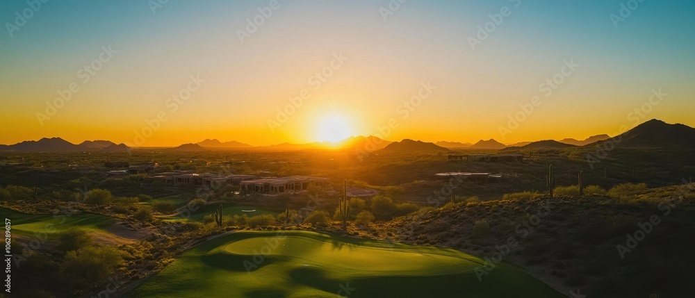Obraz premium A stunning sunset over a golf course, illuminating the sky with warm colors, casting a serene glow on the landscape.
