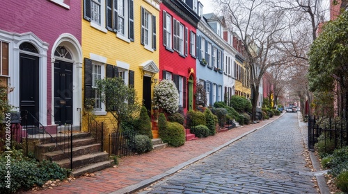 Charming street lined with colorful houses and greenery, showcasing urban architecture and tranquility.