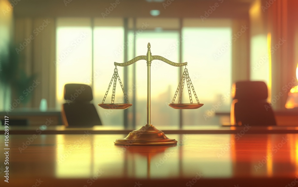 An ultra-realistic 3D illustration of the scales of justice on a wooden table, set in a stylish modern office or courtroom environment An ultra-realistic 3D illustration of the scales of justice on a wooden table, set in a stylish modern office or courtroom environment