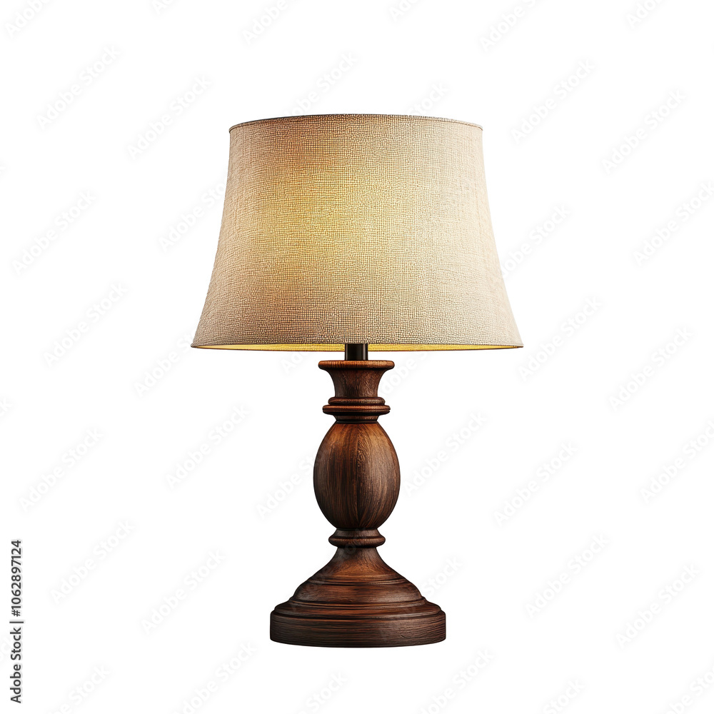 Wooden table lamp with beige lampshade on transparent background, perfect for vintage-inspired decor, rustic interiors, and cozy lighting ambiance
