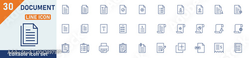 Document line icon set. Set of 30 outline icons related to document, clipboard, contract papers, folder, certificate, invoice, archive and others. Editable stroke. Vector illustration.