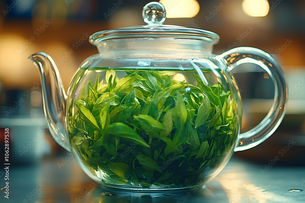 A glass teapot filled with fresh green tea leaves, showcasing the vibrant greenery and the brewing process in a warm, inviting setting.