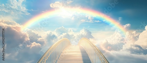 A serene scene featuring a radiant rainbow arching over a cloud-covered sky, with a path leading into a bright, hopeful horizon.