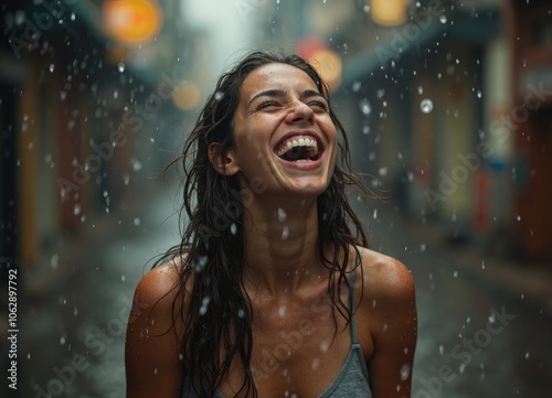 Joyful woman embracing the rain in a bustling urban street scene