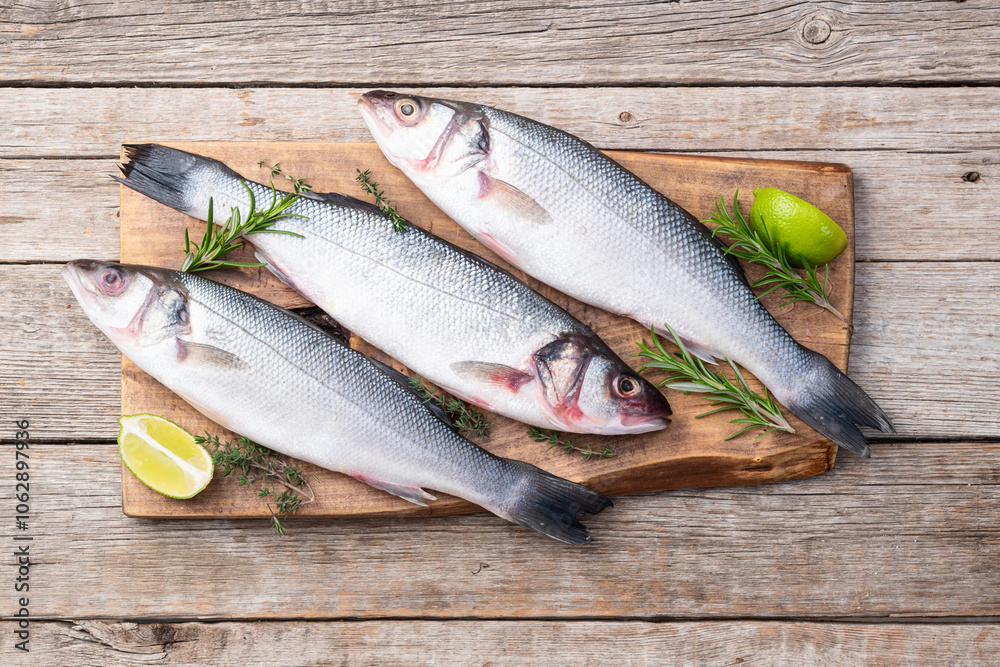 Raw sea bass fish photography . Top view Raw sea bass fish photography . Top view