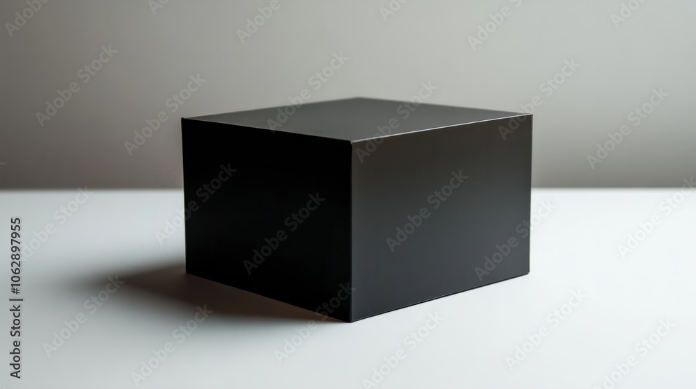 A minimalist black box with smooth sides and subtle reflections, placed on a white surface A minimalist black box with smooth sides and subtle reflections, placed on a white surface