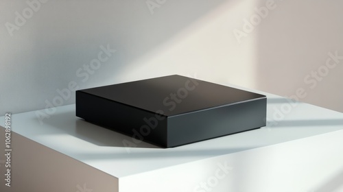 A minimalist black box with smooth sides and subtle reflections, placed on a white surface