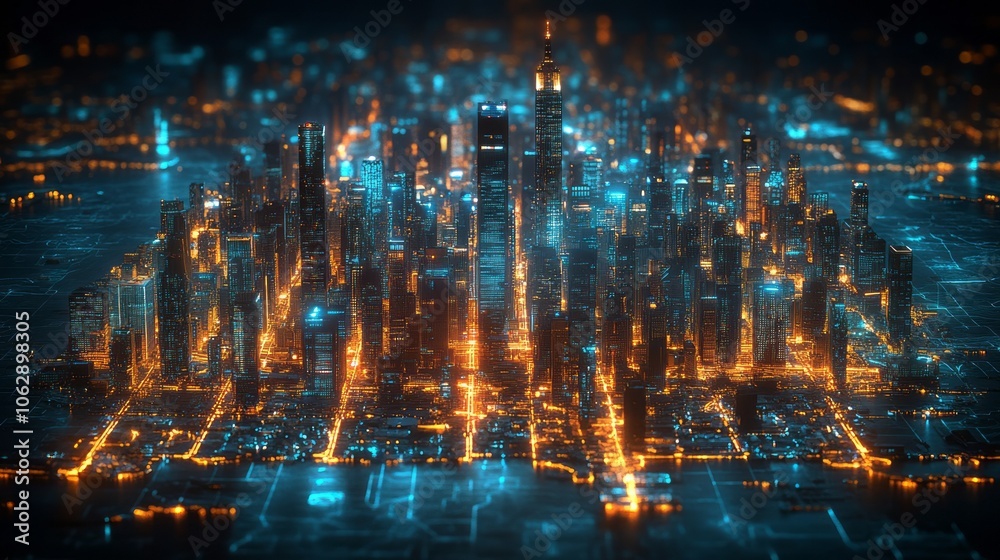 Fototapeta premium Vivid Photorealistic Image of a Futuristic Cityscape with Skyscrapers and Neon Lights at Night