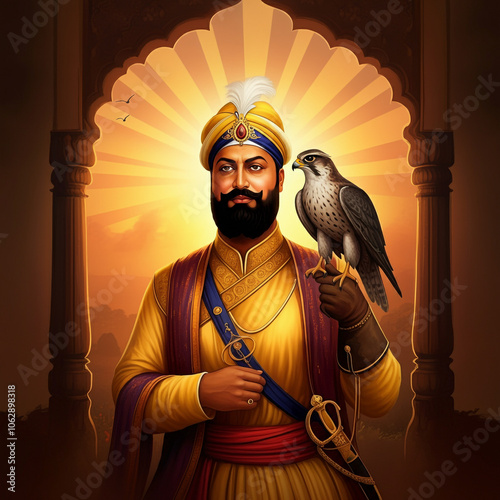 Majestic portrayal of Guru Gobind Singh Ji with a falcon, symbolizing bravery and leadership in Sikh heritage photo